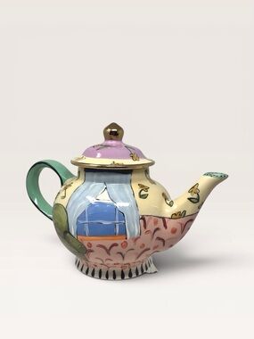 Large Hand-Painted Colorful Ceramic Teapot Floral Pink & Gold Droll Designs